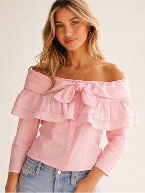 Revolve Petersyn Georgia Pink Stripe Off Shoulder Ruffle Bow Blouse S
